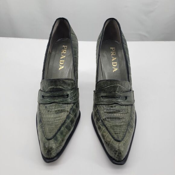 Prada Size 6.5 Green Block Heel Croc Embossed Print Pointed Toe Slip On 36.5 - Picture 2 of 9